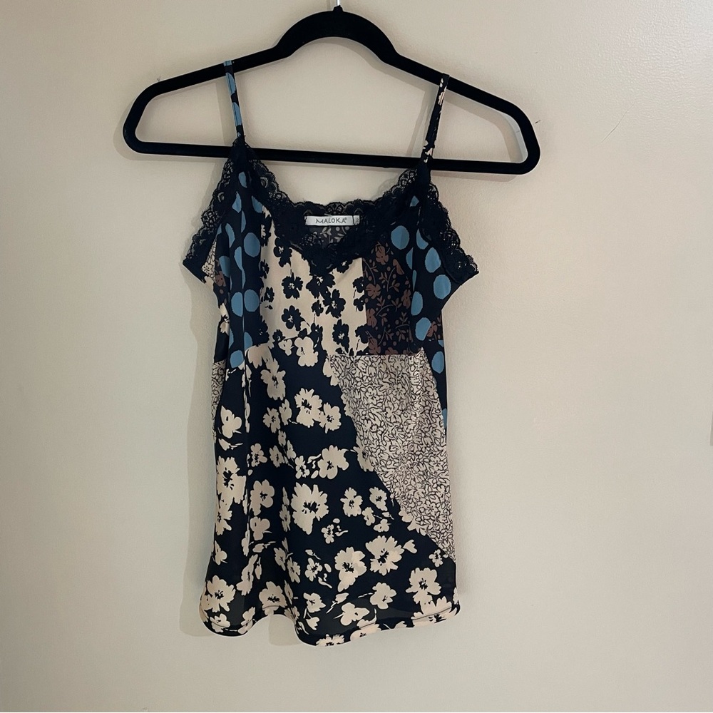 Maloka Patchwork Satin Lace Trim Cami, Size S, NWT